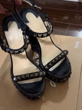 Black Studded Leather Wedge Sandals - Christian Louboutin Sz 36